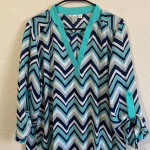 1XL - Teal, Navy, White Blouse